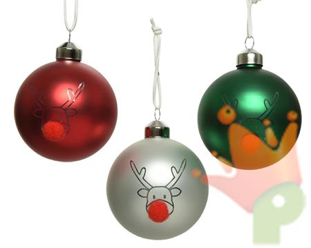 PALLINA PER ALBERO 8CM BIANCO/ROSSO/VERDE CON RENNA