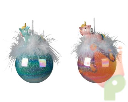 PALLINA PER ALBERO 8CM IN VETRO VERDE/ROSA CON UNICORNO