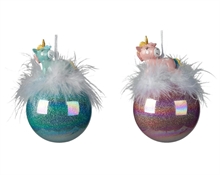 PALLINA PER ALBERO 8CM IN VETRO VERDE/ROSA CON UNICORNO