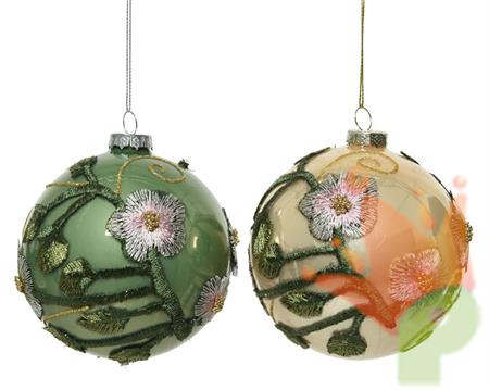 PALLINA PER ALBERO 10CM IN VETRO VERDE/GIALLO CON PIZZO FLOREALE