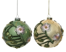 PALLINA PER ALBERO 10CM IN VETRO VERDE/GIALLO CON PIZZO FLOREALE