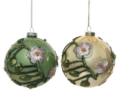 PALLINA PER ALBERO 10CM IN VETRO VERDE/GIALLO CON PIZZO FLOREALE