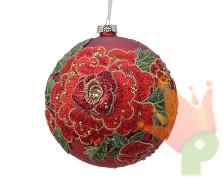 PALLINA PER ALBERO 15CM CON RICAMO ROSA ROSSA