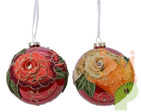PALLINA PER ALBERO 10CM CON RICAMO ROSA ROSSO/ORO