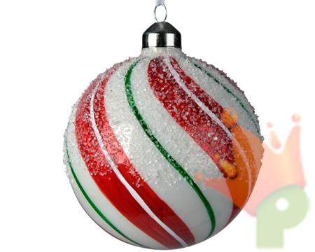 PALLINA DI NATALE 10CM BIANCA CON RIGHE ROSSO/VERDE