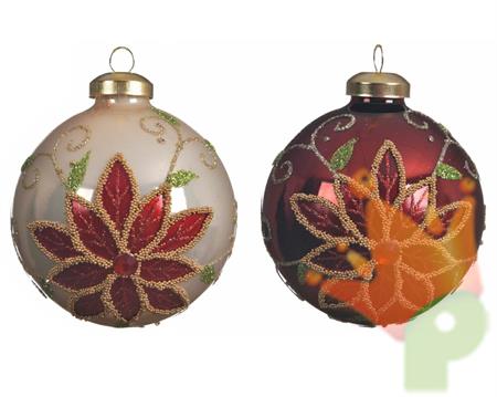 PALLINA PER ALBERO 8CM BIANCO/ROSSA CON DECORO FIORE