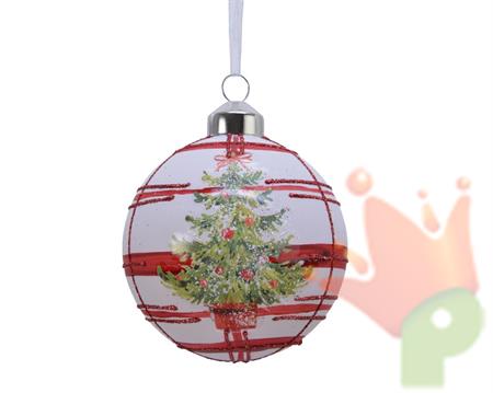 PALLINA PER ALBERO 8CM BIANCA CON DECORO ALBERO
