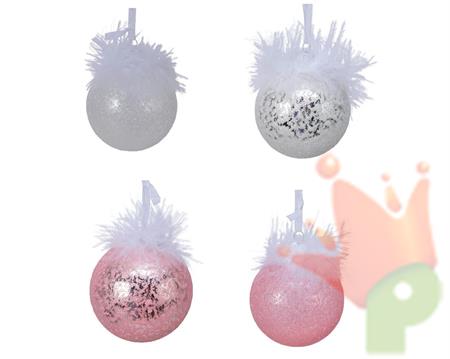 PALLINA PER ALBERO 8CM CON EFFETTO GHIACCIATO BIANCO/ROSA E PIUM