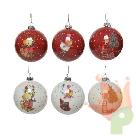 PALLINA PER ALBERO 8CM BIANCA/ROSSA CON DECORO ALBERO