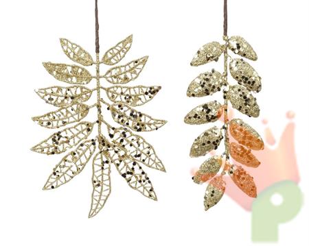 RAMETTO CON FOGLIE GLITTERATE E PAILLETTES ORO 20 CM