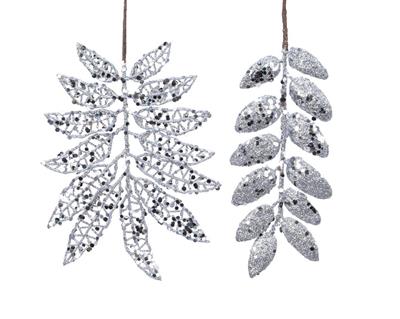 RAMETTO CON FOGLIE GLITTERATE ARGENTO 20CM