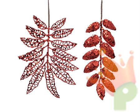 RAMETTO CON FOGLIE GLITTERATE E PAILLETTES ROSSO 20 CM
