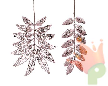 RAMETTO CON FOGLIE GLITTERATE E PAILLETTES ROSA ANTICO 20 CM