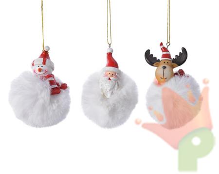 PALLINA PER ALBERO 7X7X8CM POM POM CON FIGURA RENNA/BABBO NATALE