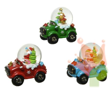 PALLA DI NEVE FORMA AUTO CON FIGURA INTERNA ROSSO/VERDE/CELESTE