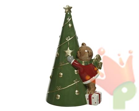 ALBERO IN CERAMICA CON ORSETTO E PACCO REGALO 12X14,2X23,4CM