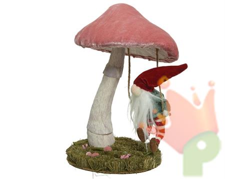 GNOMO CON ALTALENA SU FUNGO ROSA