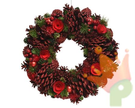 FUORI PORTA 34X8,5 CM CON PIGNE E FIORI ROSSI