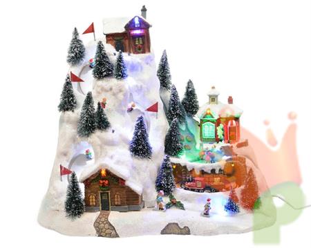 VILLAGGIO 20X32X29CM 15LED CON SCIATORI E TRENO N18