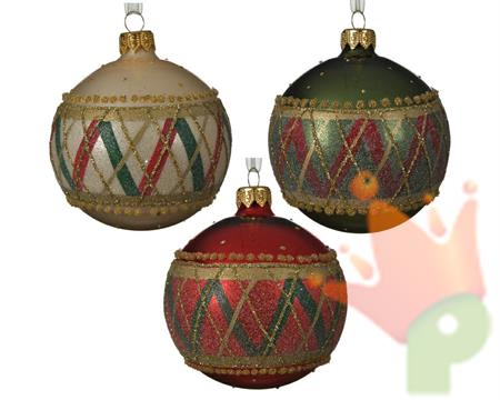 PALLINA DI NATALE CHAMPAGNE/VERDE/ROSSO CON DECORO 8 CM