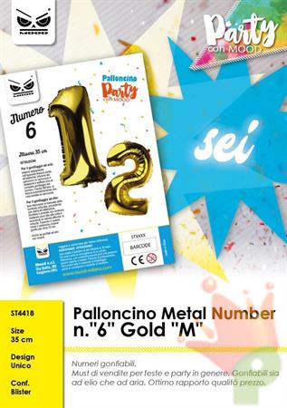 PALLONCINO MYLAR NUMERO 6 MEDIO ORO 35CM