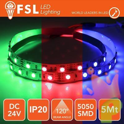 STRISCIA LED 5050 5METRI 12W 1100LM RGB 24V IPV20 60 LED