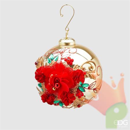 PALLINA DI NATALE VETRO ORO DECORO ROSSO 10 CM -EDG-