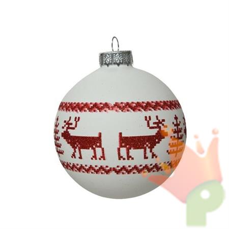 PALLINA PER ALBERO 8CM BIANCA CON DECORO ROSSO