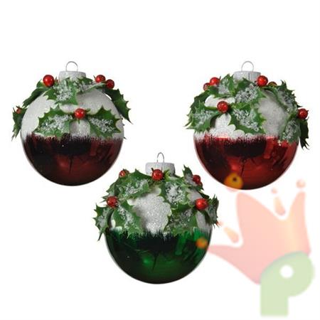 PALLINA PER ALBERO IN VETRO 8CM VERDE/ROSSO FOGLIE E BACCHE