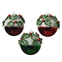 PALLINA PER ALBERO IN VETRO 8CM VERDE/ROSSO FOGLIE E BACCHE