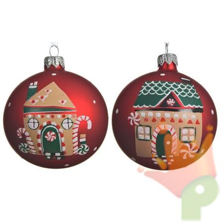 PALLINA PER ALBERO IN VETRO 8CM ROSSA CON DECORI