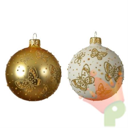 PALLINA PER ALBERO 8CM BIANCO/ORO CON DECORI