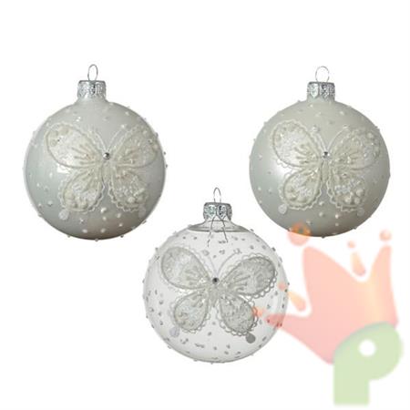 PALLINA PER ALBERO 8CM BIANCO/TRASPARENTE CON DECORI