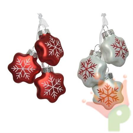 PENDENTI PER ALBERO FIOCCHI DI NEVE ROSSO/BIANCO 4CM 3PZ