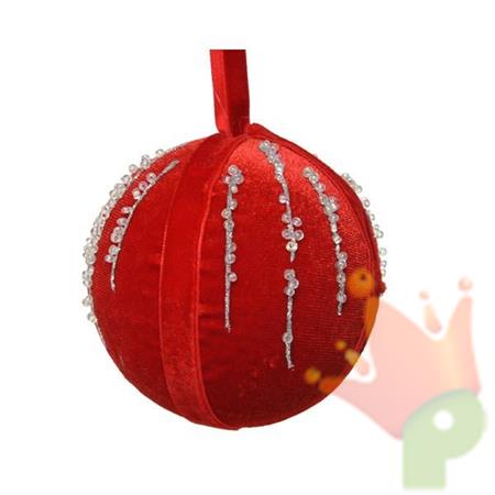 PALLINA DI NATALE IN TESSUTO ROSSO DECORATA 8 CM