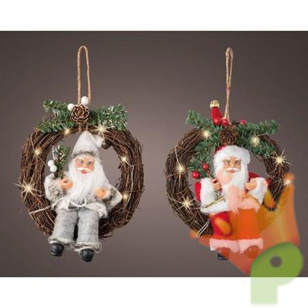 CORONA CON LUCI DA APPENDERE CON BABBO NATALE 20CM LUCE CALDA