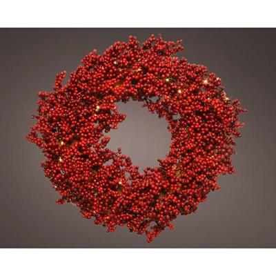 CORONA FUORI PORTA 60CM BACCHE ROSSE 60 LUCI LED BIANCO CALDO