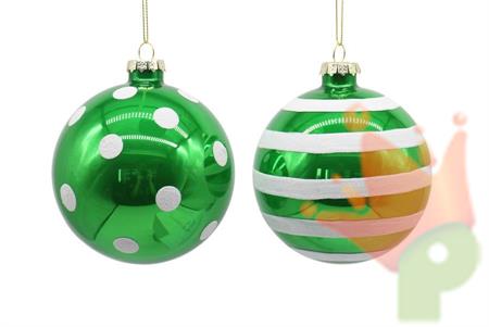 PALLINA DI NATALE VETRO VERDE RIGHE/POIS 10 CM