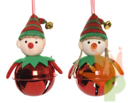 ELFO IN POLIESTERE DA APPENDERE CON CAMPANA IN FERO ROSSA 11 CM