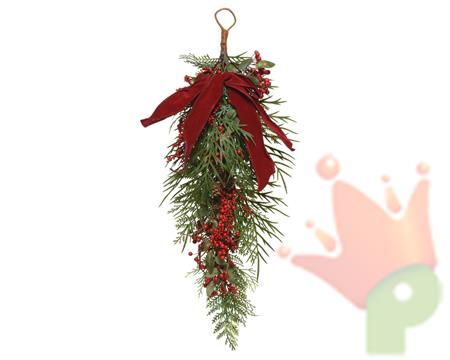 DECORAZIONE PENDENTE 65 CM CON BACCHE E FIOCCO ROSSO