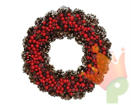 GHIRLANDA FUORIPORTA NATALIZIA 30 CM DI BACCHE ROSSE E PIGNE