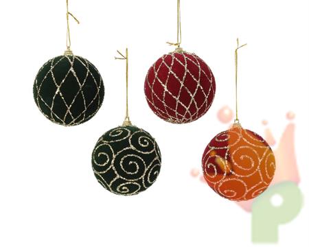 PALLINA DI NATALE ROSSO-VERDE VELLUTATA DECORI ORO 4 ASS