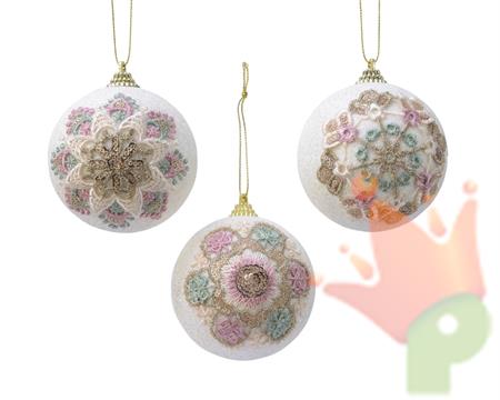 PALLINA DI NATALE BIANCA CON DECORI RICAMATI 4 ASSORTITE 8 CM