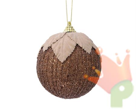 PALLINA DI NATALE CANNELLA GLITTER CON FOGLIE 8 CM