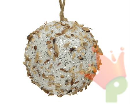 PALLINA DI NATALE BIANCA CON GLITTER E LEGNO 8 CM