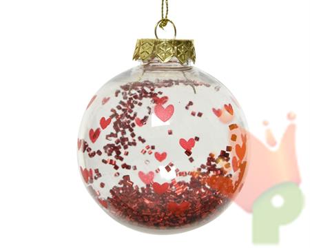 PALLINA DI NATALE TRASPARENTE CON CUORI E CORIANDOLI ROSSI 8 CM