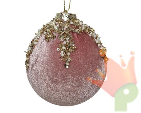 PALLINA DI NATALE VELLUTO ROSA CON DECORI ORO 8 CM