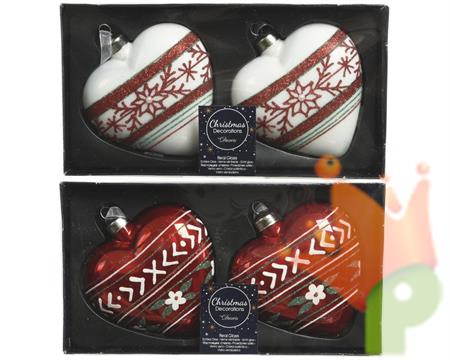 PALLINA DI NATALE FORMA CUORE BIANCO/ROSSO CON DECORI