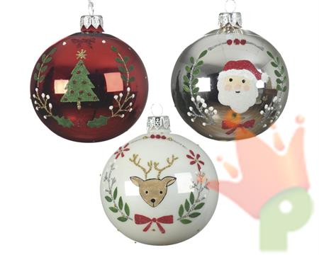 PALLINA DI NATALE DECORATA BIANCO-ROSSO-ARGENTO 3 ASSORTITE