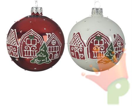 PALLINA DI NATALE BIANCO/ROSSO CON DECORO CASETTE